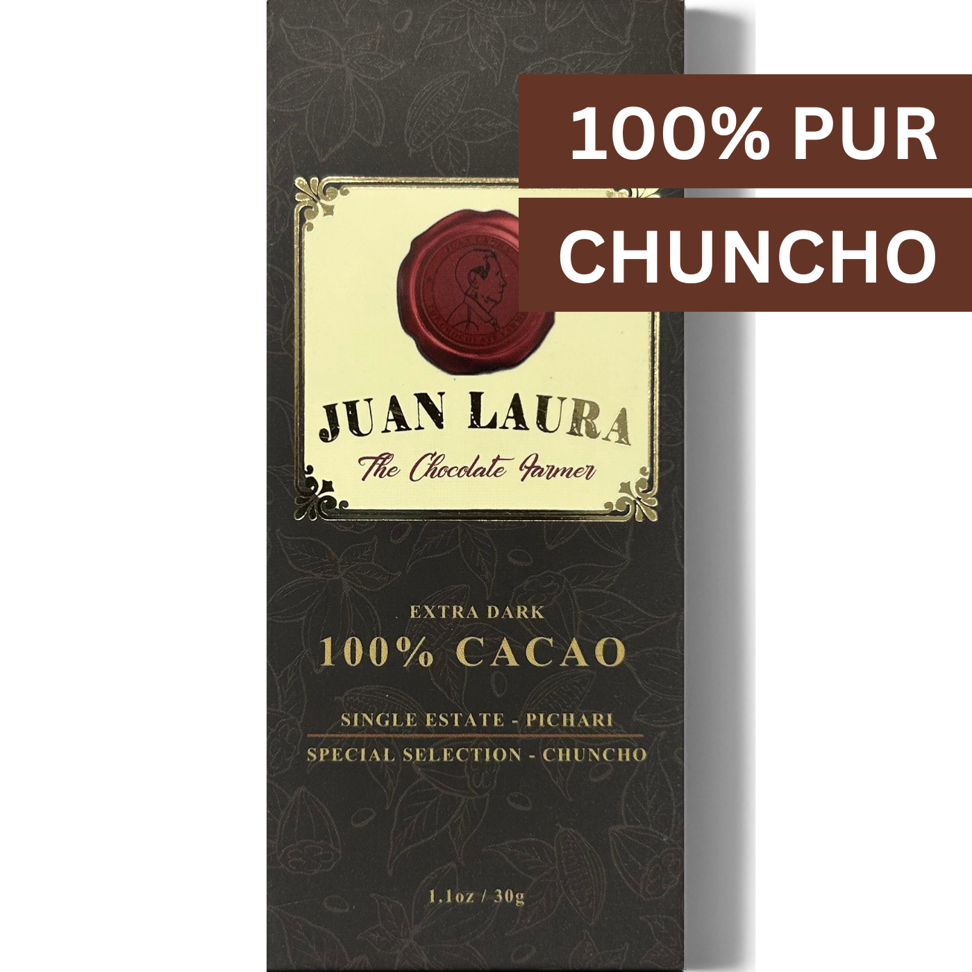 Extra-dunkle Schokolade mit 100% Chuncho-Kakao von Juan Laura, Single Estate aus Pichari – intensiver Kakaogeschmack ohne Zucker.