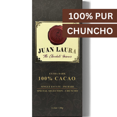Extra-dunkle Schokolade mit 100% Chuncho-Kakao von Juan Laura, Single Estate aus Pichari – intensiver Kakaogeschmack ohne Zucker.