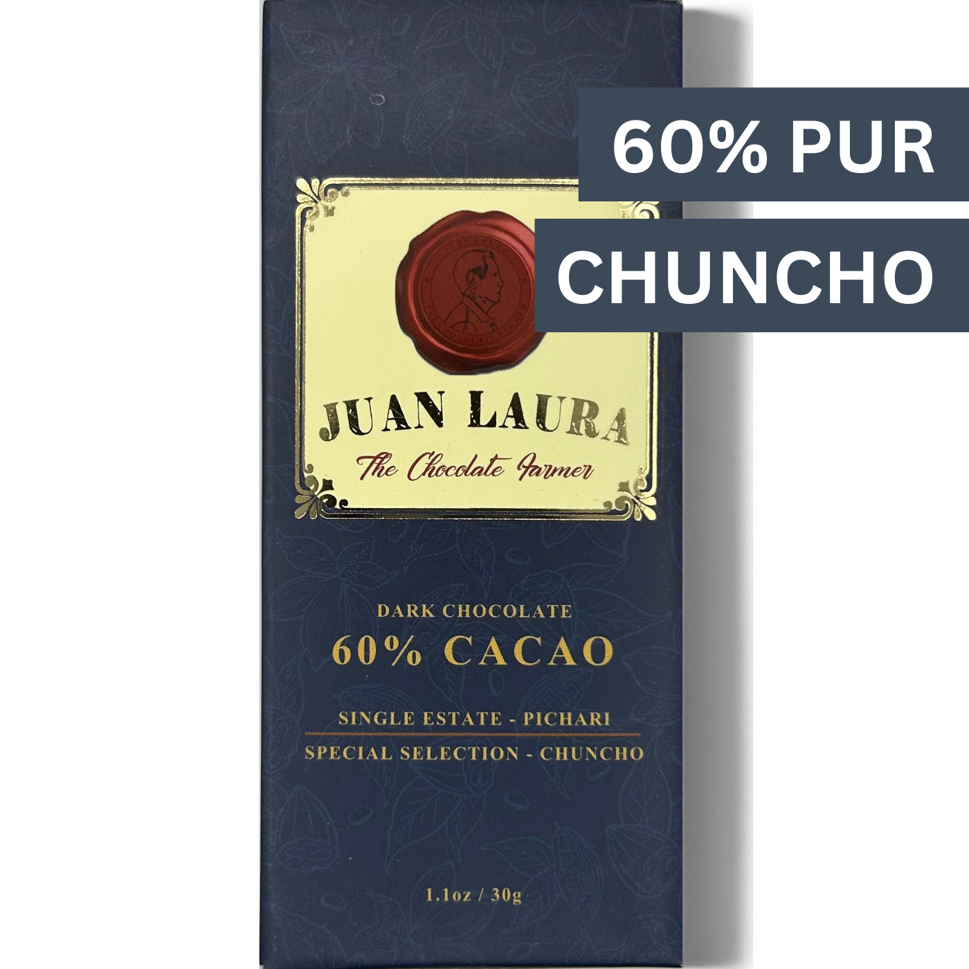 Dunkle Schokolade mit 60% Chuncho-Kakao von Juan Laura, Single Estate aus Pichari – aromatisch und mild, ideal für den puren Kakaogenuss.
