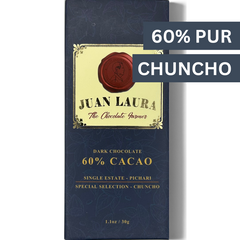 Dunkle Schokolade mit 60% Chuncho-Kakao von Juan Laura, Single Estate aus Pichari – aromatisch und mild, ideal für den puren Kakaogenuss.