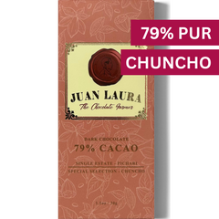 Dunkle Schokolade mit 79% Chuncho-Kakao von Juan Laura, Single Estate aus Pichari – kräftig und aromatisch.