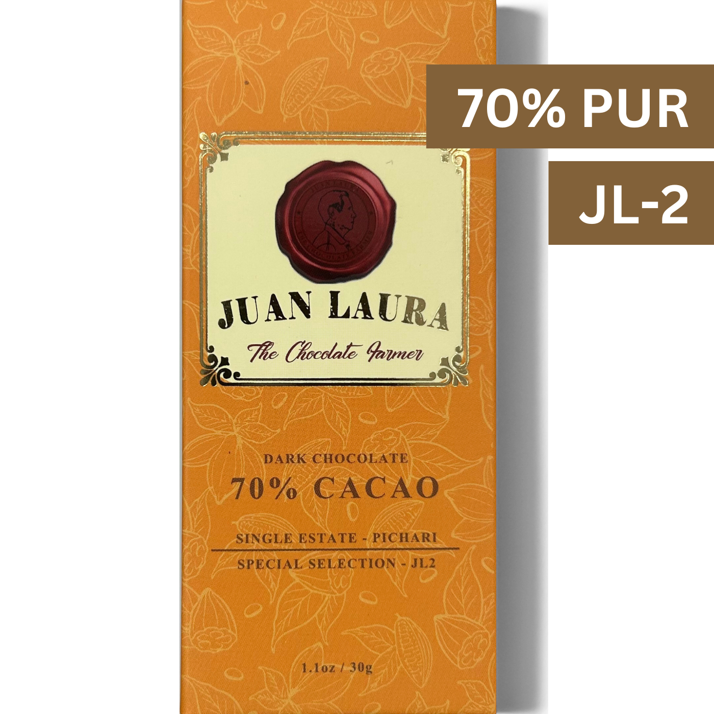 Dunkle Schokolade mit 70% JL-2-Kakao von Juan Laura, Single Estate aus Pichari – einzigartige Mischung mit mildem Kakaogeschmack.