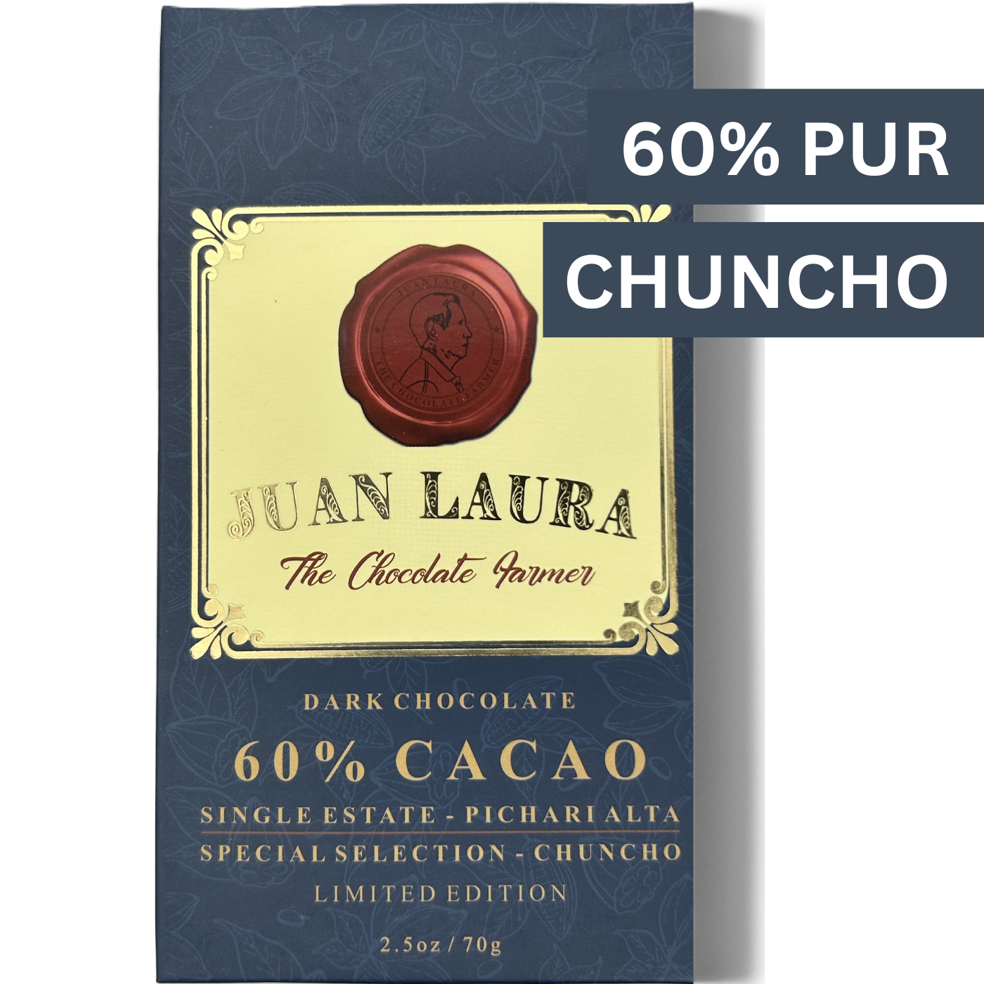 Verpackung der dunklen Schokolade mit 60% Kakaoanteil von Juan Laura - The Chocolate Farmer. Die Verpackung ist dunkelblau mit einem roten Siegel und goldenen Verzierungen. Auf der Verpackung steht '60% CACAO', 'Single Estate - Pichari Alta', 'Special Selection - Chuncho', 'Limited Edition' und '2.5 oz / 70 g'. Zusätzlich stehen oben rechts die Begriffe '60% PUR' und 'CHUNCHO'.