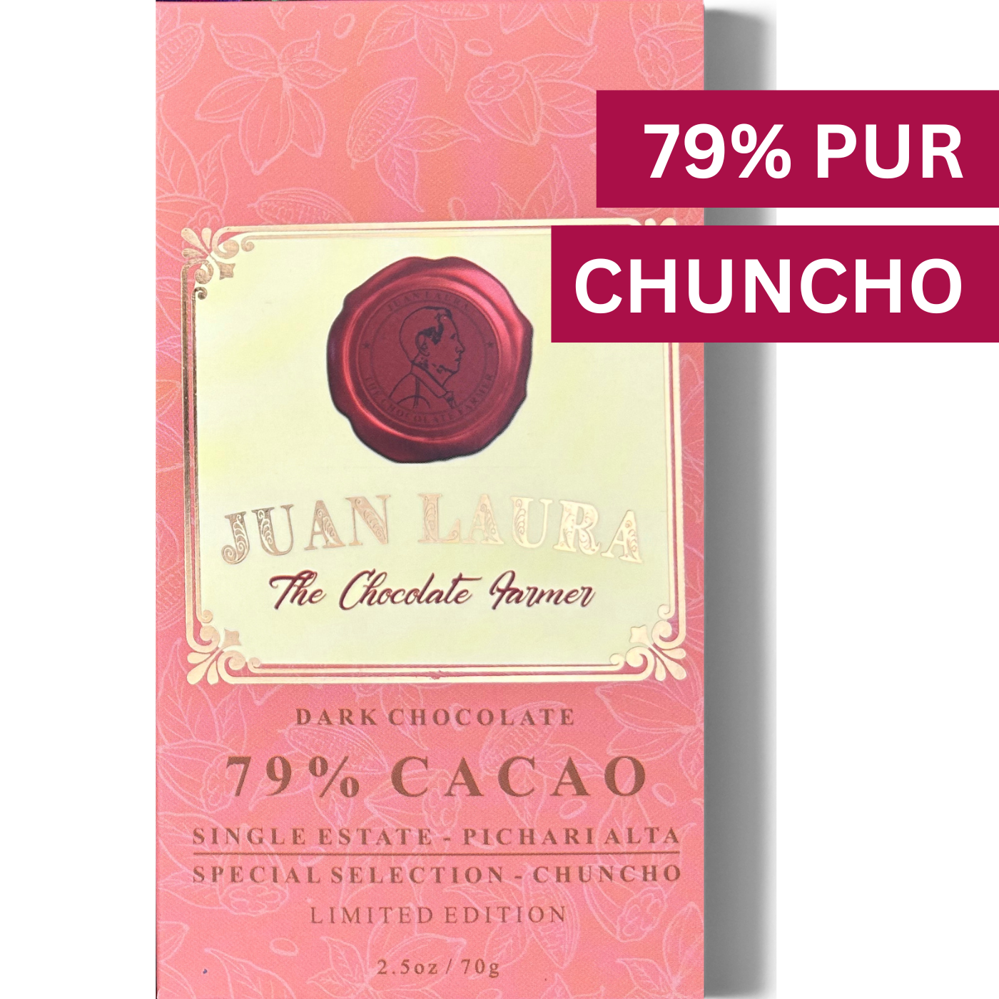 Verpackung der 79% dunklen Schokolade von Juan Laura mit rotem Siegel und rosa Muster. Text: '79% CACAO', 'Single Estate - Pichari Alta', 'Special Selection - Chuncho', 'Limited Edition', '2.5 oz / 70 g'. Oben rechts stehen die Begriffe '79% PUR' und 'CHUNCHO'.