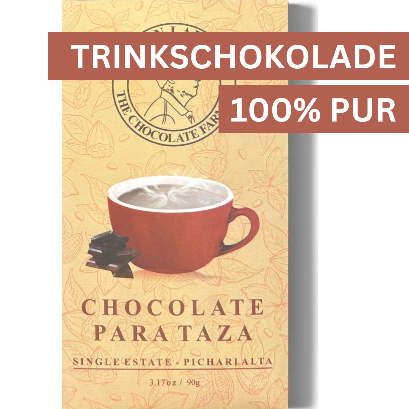Verpackung der Juan Laura Trinkschokolade ‚Chocolate para Taza‘, Single Estate aus Pichari Alta. Die cremefarbene Verpackung zeigt eine Illustration einer dampfenden Tasse heißer Schokolade neben kleinen Schokoladenstücken, die zum Schmelzen in heißer Milch oder Wasser gedacht sind.