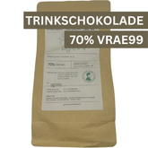 Trinkschokolade 70% VRAE-99 von Juan Laura aus Peru – 500g Verpackung mit Produktkennzeichnung und Single Variety Kakao