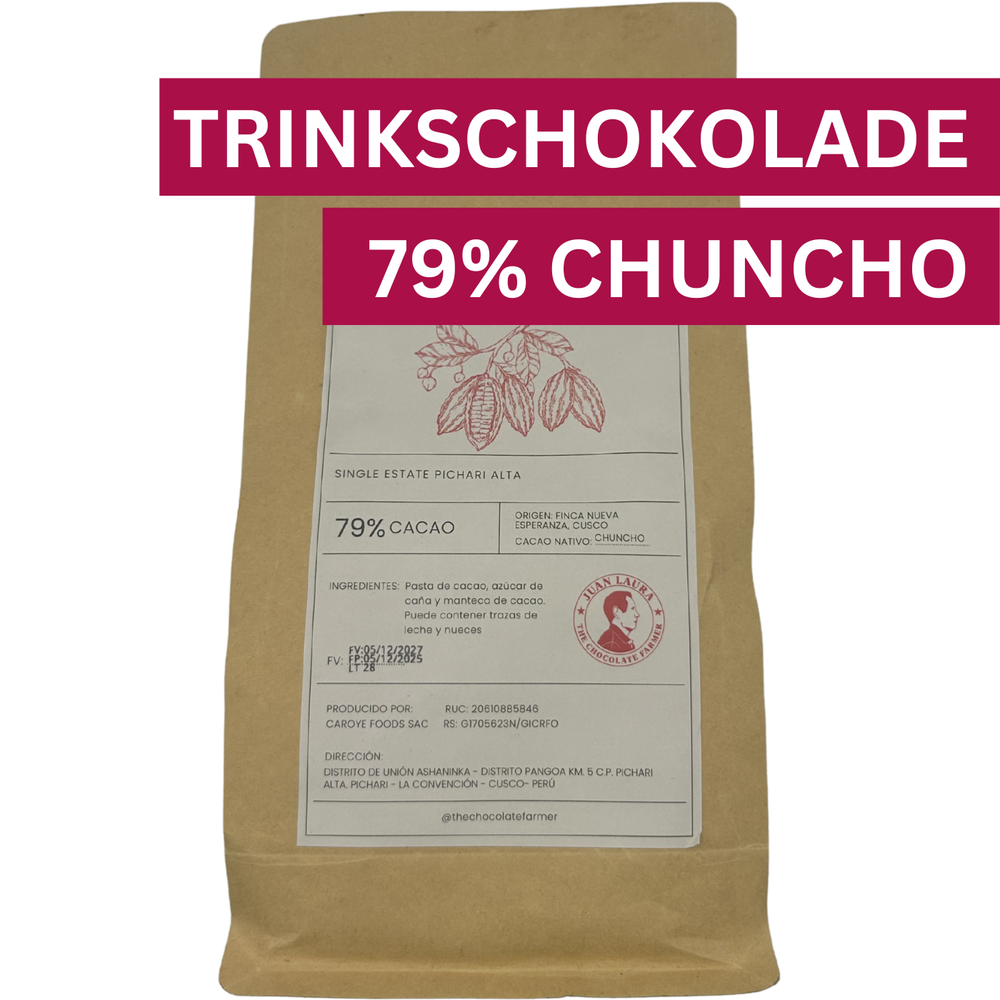 Trinkschokolade 79% Chuncho von Juan Laura aus Peru – 500g Verpackung mit Produktkennzeichnung und Single Variety Kakao