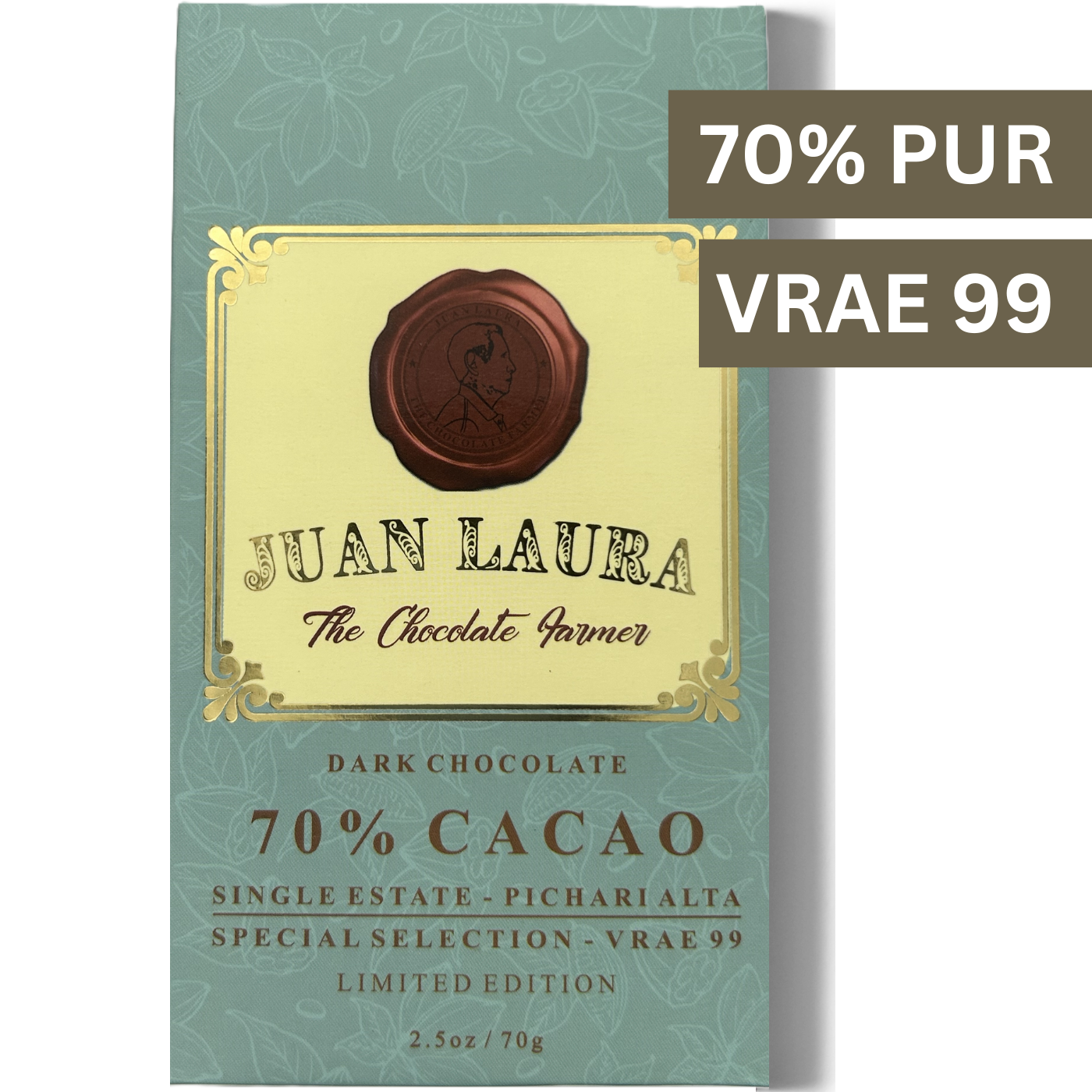 Verpackung der 70% dunklen Schokolade von Juan Laura mit rotem Siegel und hellgrünem Muster. Text: '70% CACAO', 'Single Estate - Pichari Alta', 'Special Selection - VRAE 99', 'Limited Edition', '2.5 oz / 70 g'. Oben rechts stehen die Begriffe '70% PUR' und 'VRAE 99'.