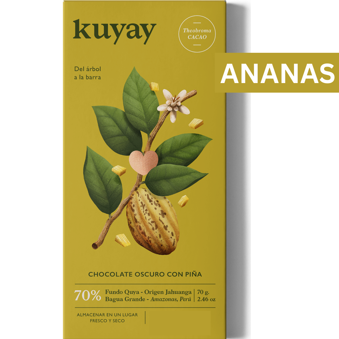 Kuyay Schokolade mit Ananas, 70% Kakao, in einer auffälligen gelben Verpackung mit einer Illustration einer Kakaofrucht und Blättern. Die Verpackung zeigt das Branding ‚Del árbol a la barra‘ und hebt den Ursprung des Kakaos aus dem Amazonasgebiet in Peru hervor.