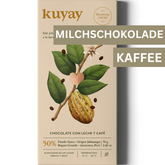 Kuyay Milchschokolade 50% Kakao mit Kaffee, Bio-zertifiziert, in beiger Verpackung, Vorderseite mit Illustration einer Kakaobohne und Kaffeebohnen, Amazonas, Peru.