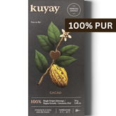 Vorderseite der Kuyay 100% Kakao Schokoladentafel mit Illustration einer Kakaopflanze und Herkunftsangabe aus Peru – Single Origin, Tree to Bar