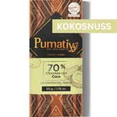 Verpackung der 70% Bitterschokolade mit Kokosnuss von Pumatiy mit rotem und braunem Muster. Text: '70% Chocolate con Coco', 'La Convención - Cusco', '50 g / 1.76 oz'. Oben rechts steht 'KOKOSNUSS' und ein Aufkleber zeigt die Auszeichnung der Peru Chocolate Awards 2022.