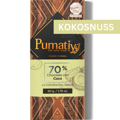 Verpackung der 70% Bitterschokolade mit Kokosnuss von Pumatiy mit rotem und braunem Muster. Text: '70% Chocolate con Coco', 'La Convención - Cusco', '50 g / 1.76 oz'. Oben rechts steht 'KOKOSNUSS' und ein Aufkleber zeigt die Auszeichnung der Peru Chocolate Awards 2022.