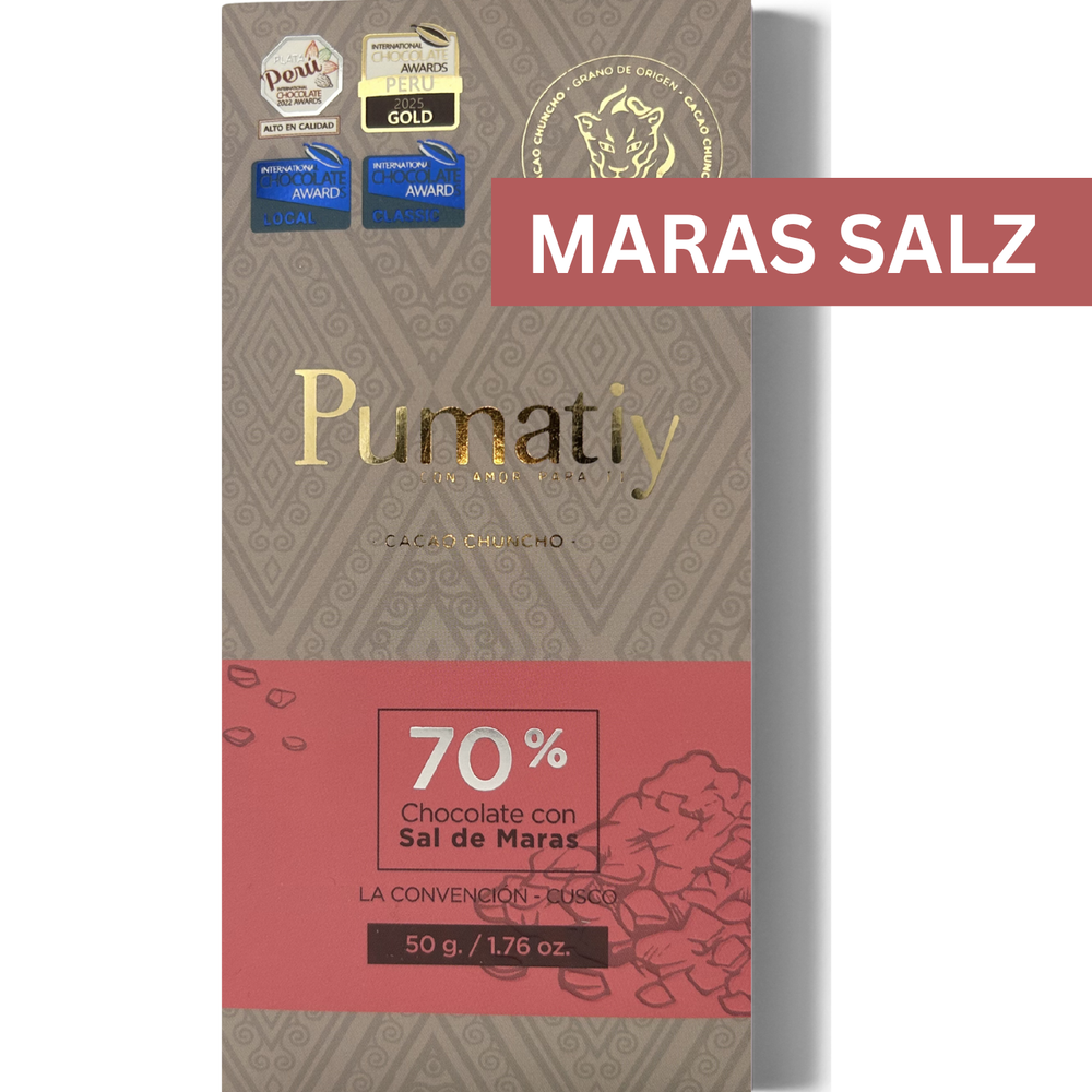 Pumatiy 70% dunkle Schokolade mit Maras Salz aus Peru – Chuncho Kakao Single Origin Tree-to-Bar Tafel aus La Convención Cusco, peruanische Herkunftsschokolade 50g