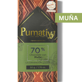 Pumatiy Schokolade mit 70% Kakao und Muña auf einem weißen Hintergrund, verziert mit dem Muña-Banner. Die Verpackung zeigt peruanische Muster und den Hinweis auf die Silbermedaille der Peru Chocolate Awards 2022.