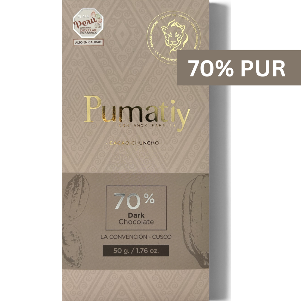 Pumatiy 70% dunkle Schokolade Peru – Chuncho Kakao Single Origin Tree-to-Bar Tafel aus La Convención Cusco, peruanische Herkunftsschokolade 50g