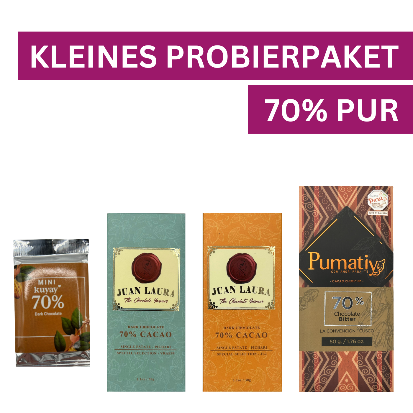 Kleines Schokoladen-Probierpaket mit 70 % Kakao – enthalten sind eine Mini-Tafel Kuyay, zwei Tafeln Juan Laura (Single Estate Pichari) und eine Pumatiy 70 % Tafel aus Cusco, Peru.