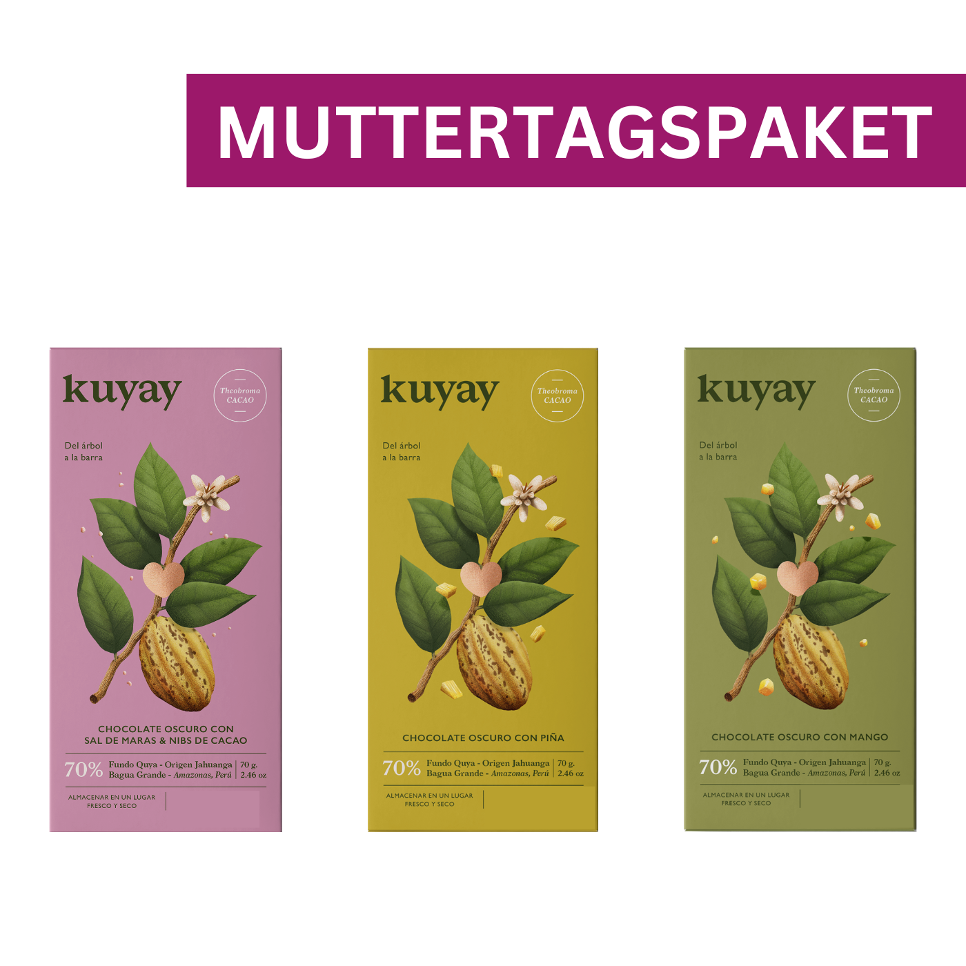 Dreier-Bundle zum Muttertag mit Kuyay Schokolade: Sorten Mango, Ananas und Maras Salz & Kakaonibs, liebevoll arrangiert als Geschenkset