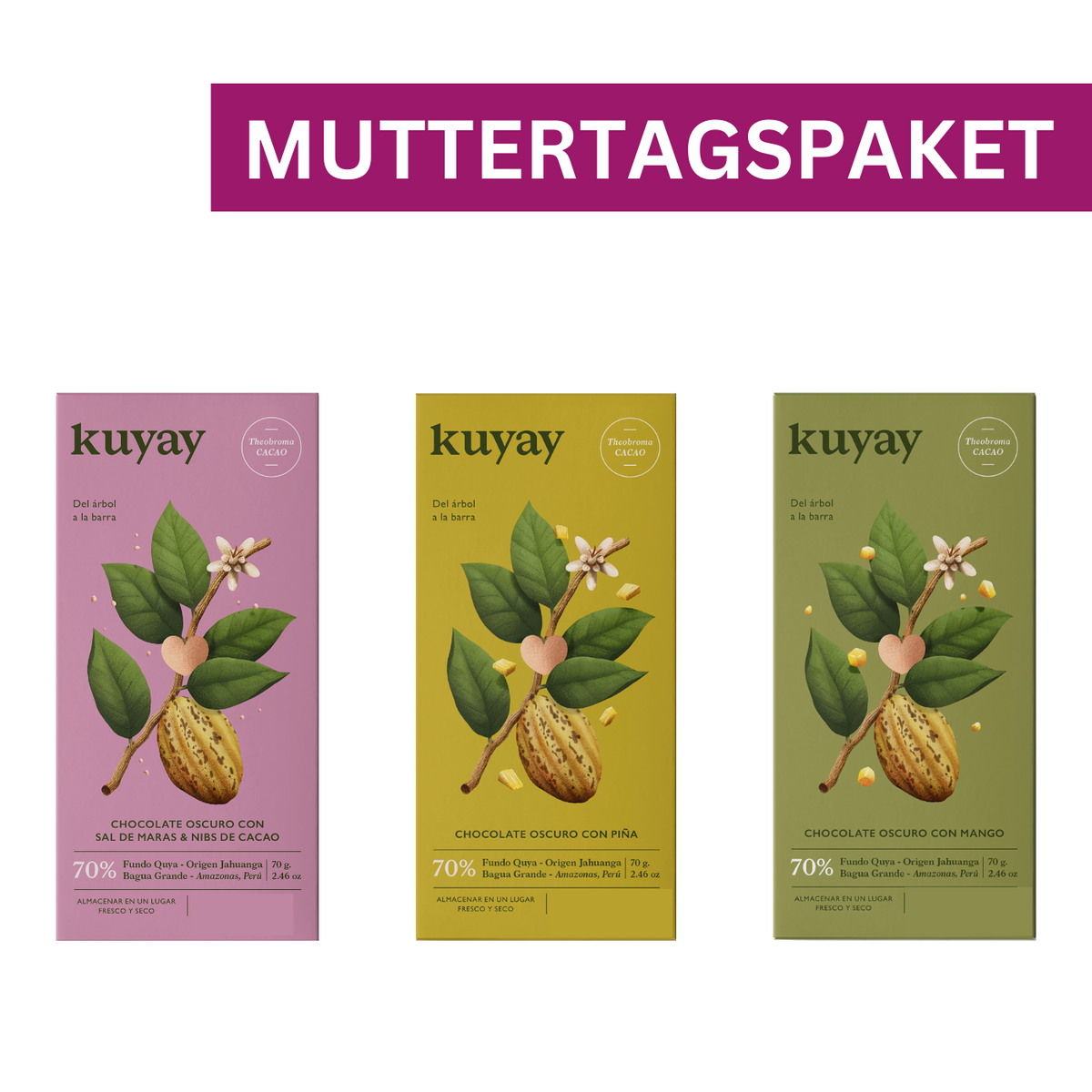 Dreier-Bundle zum Muttertag mit Kuyay Schokolade: Sorten Mango, Ananas und Maras Salz & Kakaonibs, liebevoll arrangiert als Geschenkset
