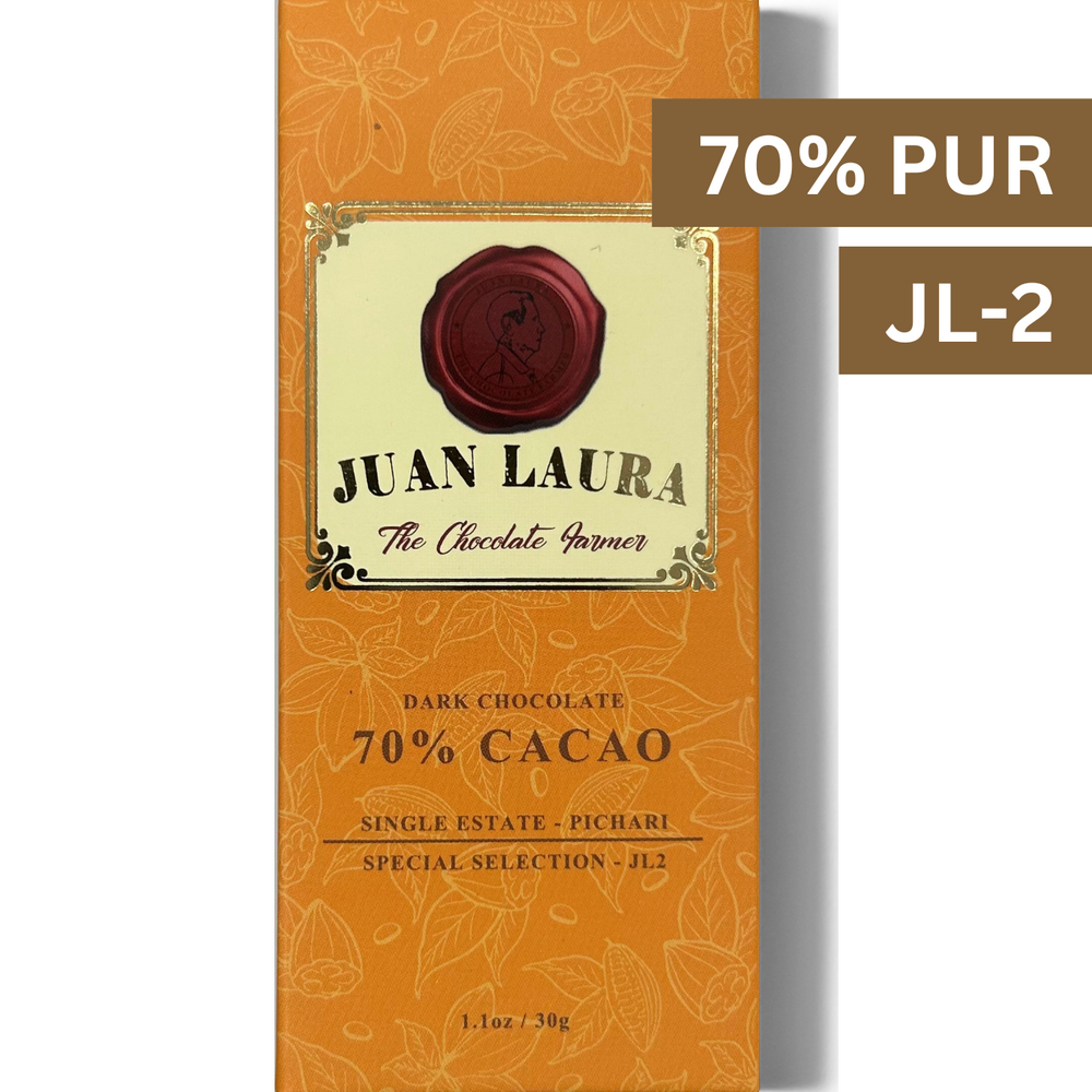 Dunkle Schokolade mit 70% JL-2-Kakao von Juan Laura, Single Estate aus Pichari – einzigartige Mischung mit mildem Kakaogeschmack.