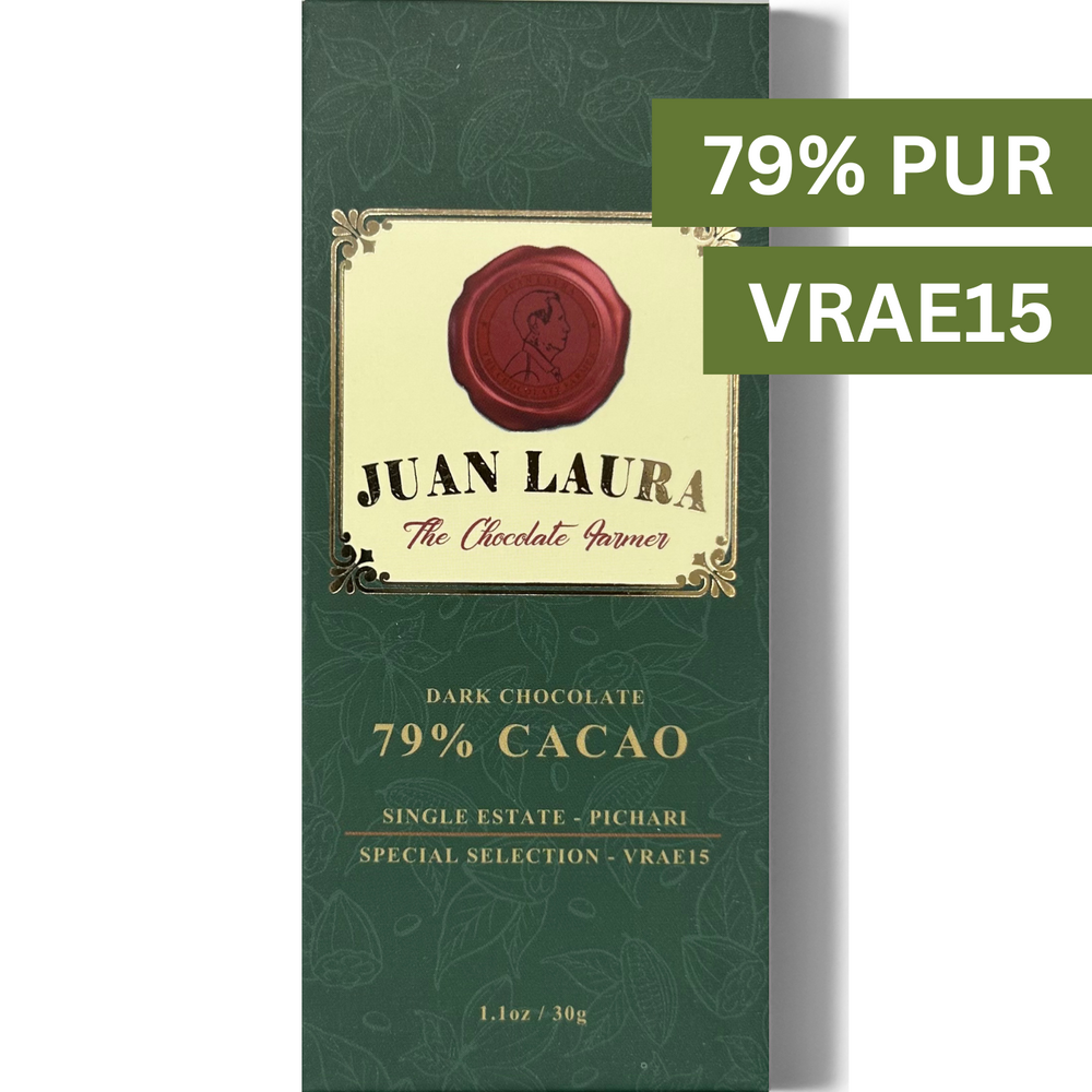 Dunkle Schokolade mit 79% VRAE15-Kakao von Juan Laura, Single Estate aus Pichari – eine besondere Selektion für Kakao-Liebhaber.