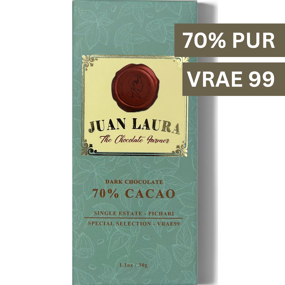 Dunkle Schokolade mit 70% VRAE99-Kakao von Juan Laura, Single Estate aus Pichari – ausgewogen und reich an Aromen.