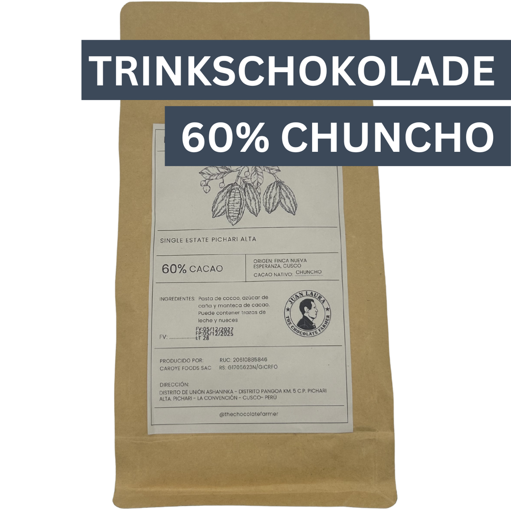 Trinkschokolade 60% Chuncho von Juan Laura aus Peru – Kakaomasse in Talerform, 500g Verpackung mit Produktbeschreibung
