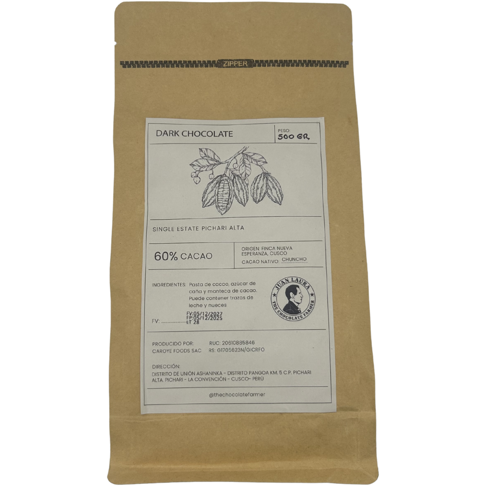 60% Chuncho Trinkschokolade von Juan Laura aus Peru – 500g Verpackung Vorderseite mit Angaben zu Herkunft VRAEM und Kakao Chuncho
