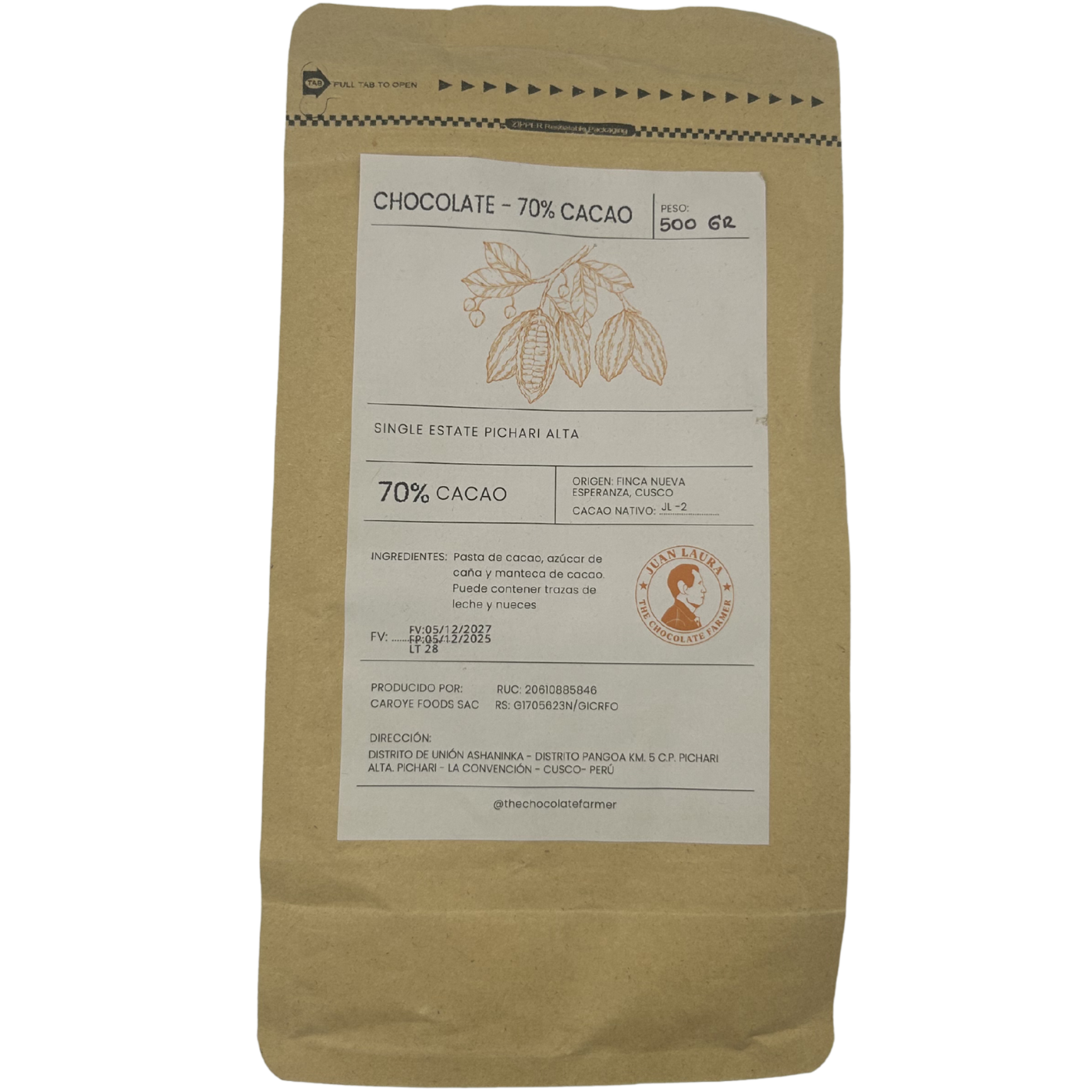 70% JL-2 Trinkschokolade von Juan Laura aus Peru – 500g Verpackung Vorderseite mit Herkunft VRAEM und Single Variety Kakao JL-2