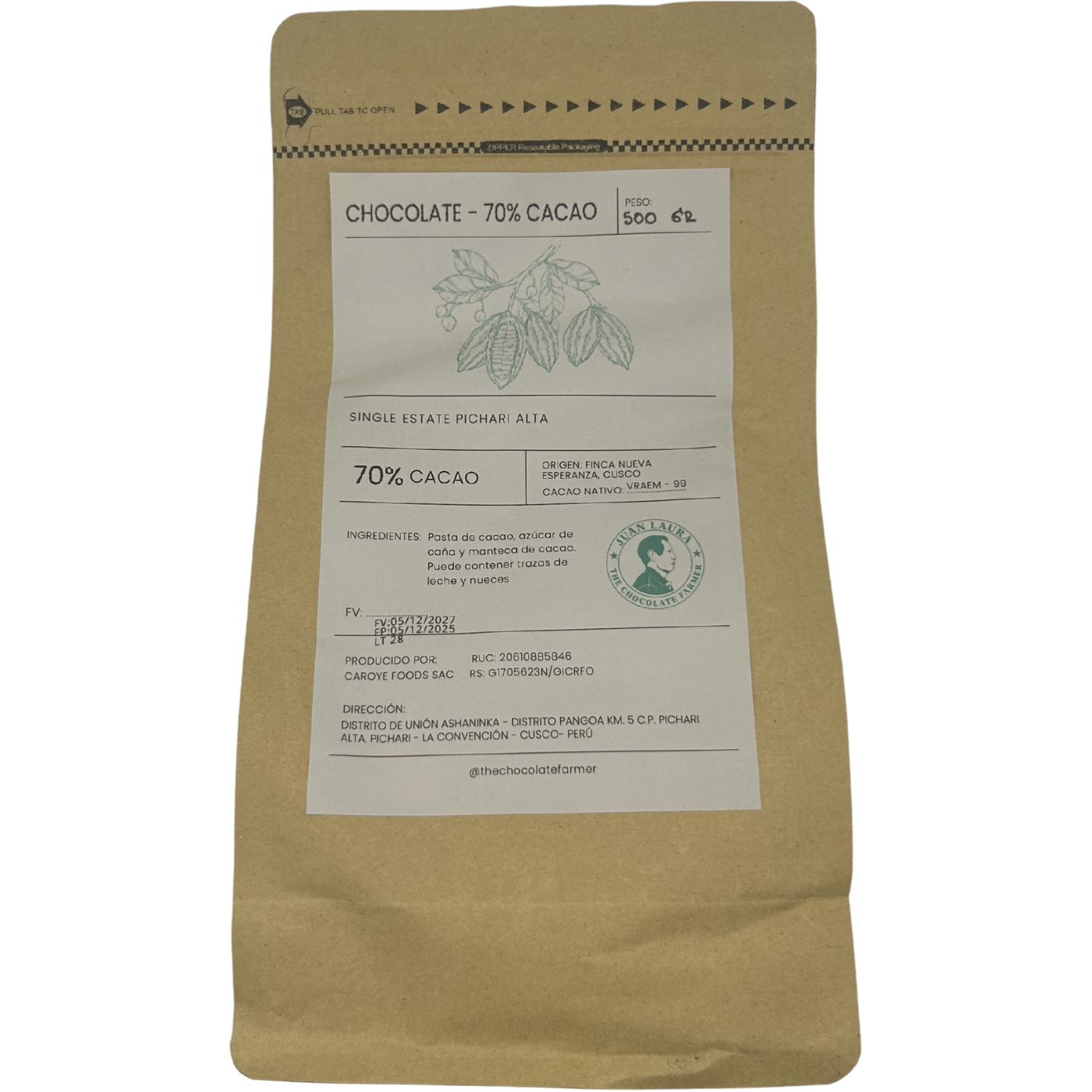 70% VRAE-99 Trinkschokolade von Juan Laura aus Peru – 500g Verpackung Vorderseite mit Herkunft VRAEM und Single Variety Kakao VRAE-99