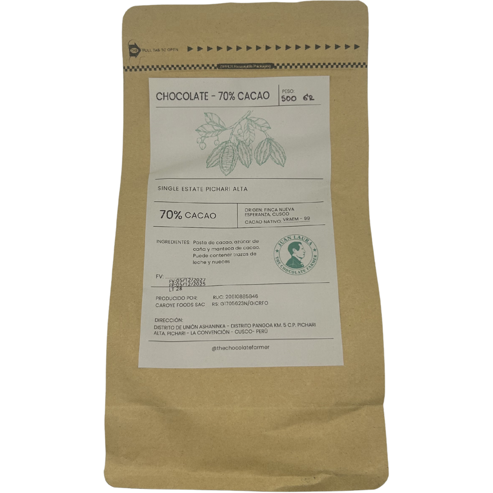 70% VRAE-99 Trinkschokolade von Juan Laura aus Peru – 500g Verpackung Vorderseite mit Herkunft VRAEM und Single Variety Kakao VRAE-99