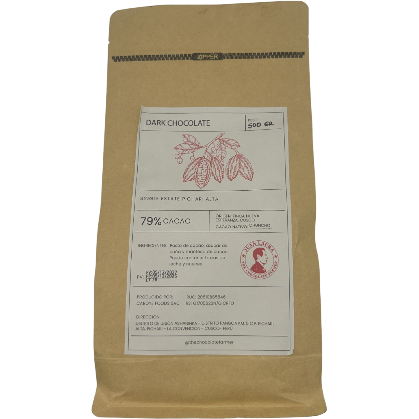 79% Chuncho Trinkschokolade von Juan Laura aus Peru – 500g Verpackung Vorderseite mit Herkunft VRAEM und Single Variety Kakao Chuncho