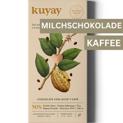 Kuyay Milchschokolade 50% Kakao mit Kaffee, Bio-zertifiziert, in beiger Verpackung, Vorderseite mit Illustration einer Kakaobohne und Kaffeebohnen, Amazonas, Peru.