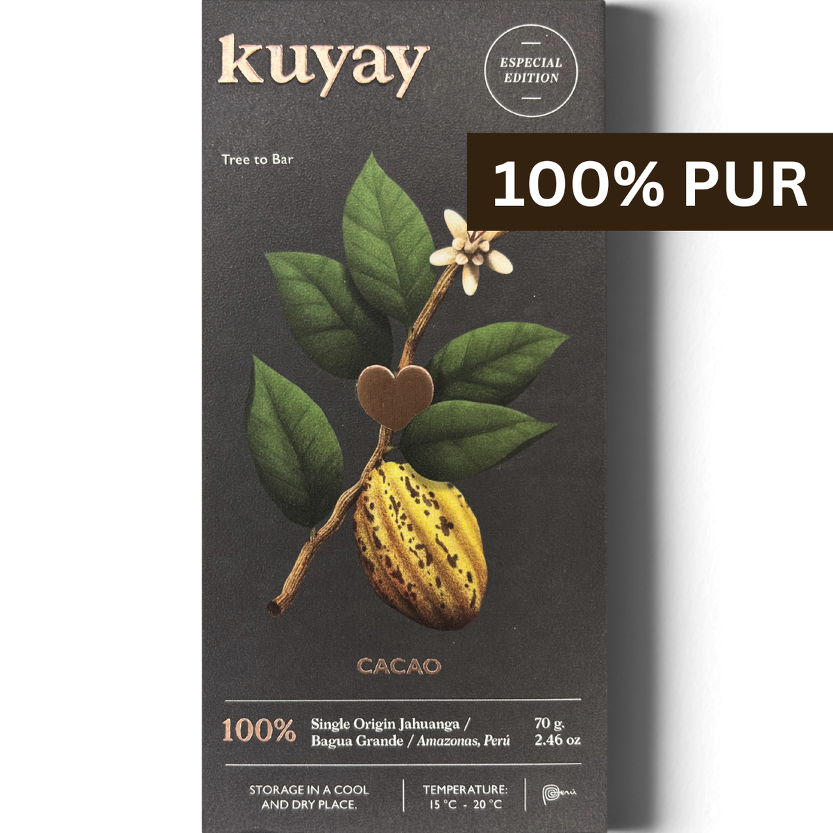 Vorderseite der Kuyay 100% Kakao Schokoladentafel mit Illustration einer Kakaopflanze und Herkunftsangabe aus Peru – Single Origin, Tree to Bar