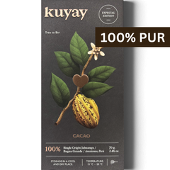 Vorderseite der Kuyay 100% Kakao Schokoladentafel mit Illustration einer Kakaopflanze und Herkunftsangabe aus Peru – Single Origin, Tree to Bar