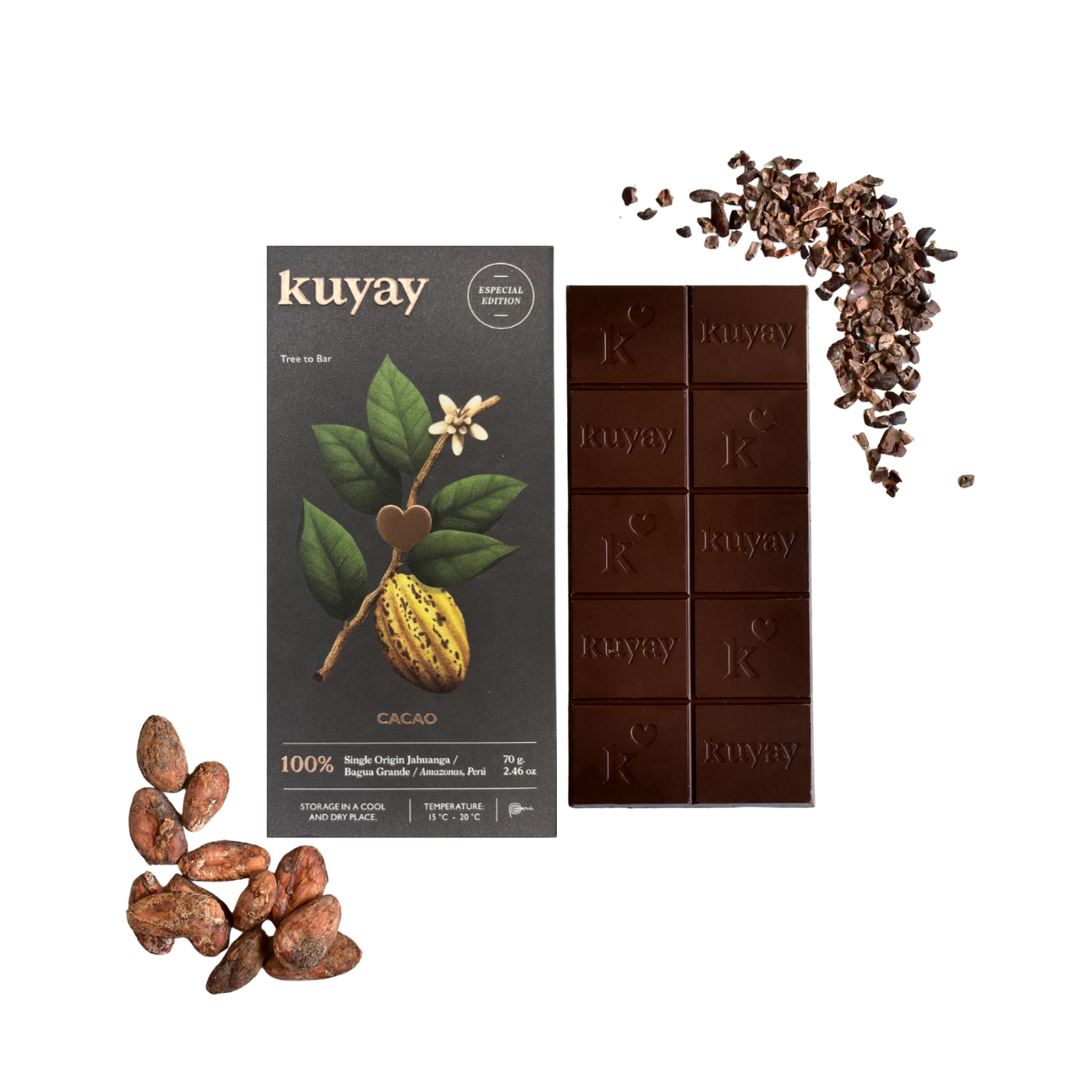 Tafel Kuyay 100% Kakao Schokolade mit Verpackung, Kakaobohnen und Kakaonibs – Single Origin aus Bagua Grande, Amazonas, Peru