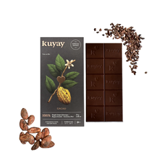 Tafel Kuyay 100% Kakao Schokolade mit Verpackung, Kakaobohnen und Kakaonibs – Single Origin aus Bagua Grande, Amazonas, Peru