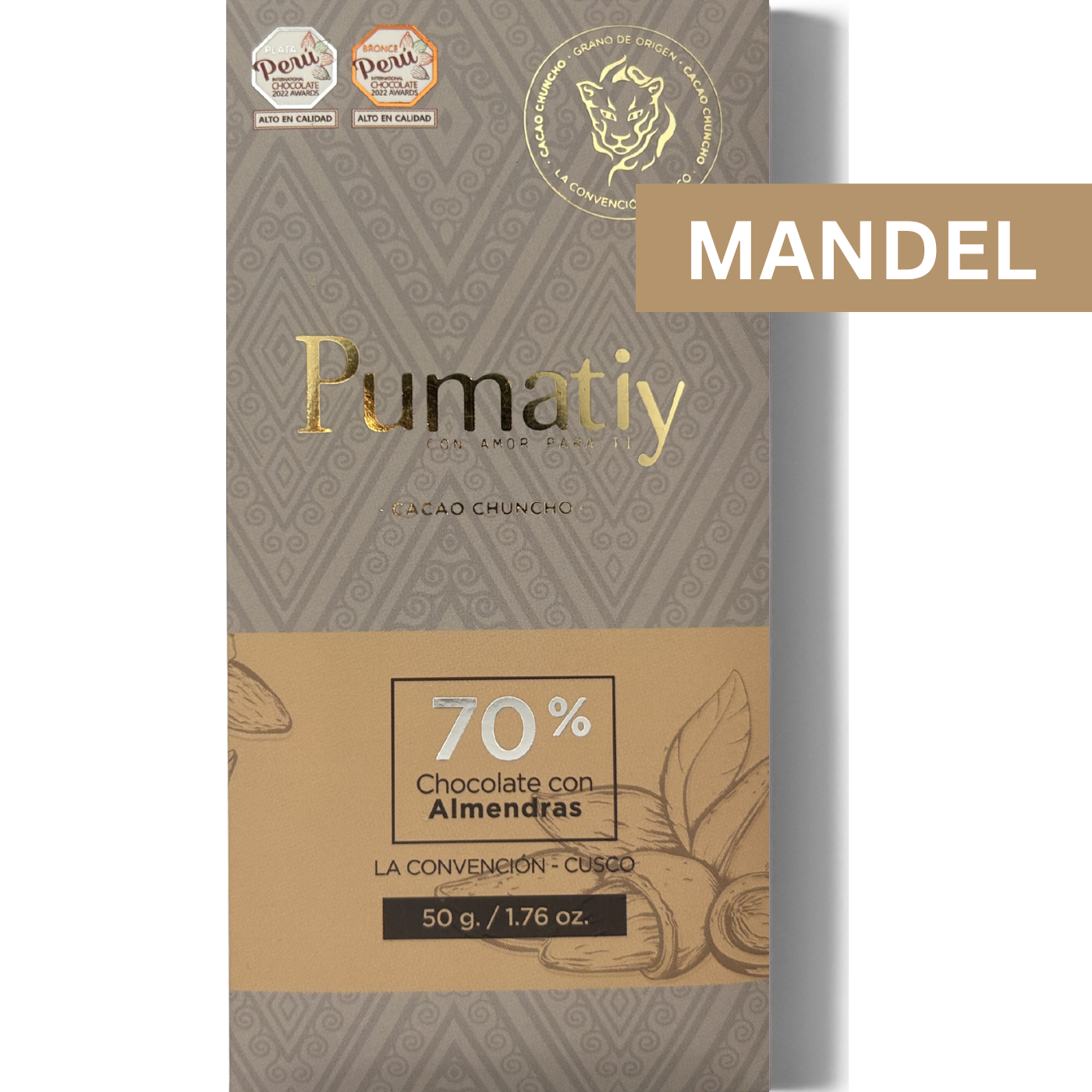 Pumatiy 70% dunkle Schokolade mit Mandeln aus Peru – Chuncho Kakao Single Origin Tree-to-Bar Tafel aus La Convención Cusco, peruanische Herkunftsschokolade 50g