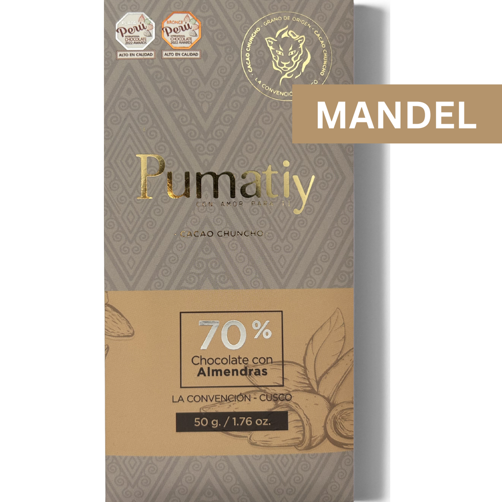 Pumatiy 70% dunkle Schokolade mit Mandeln aus Peru – Chuncho Kakao Single Origin Tree-to-Bar Tafel aus La Convención Cusco, peruanische Herkunftsschokolade 50g