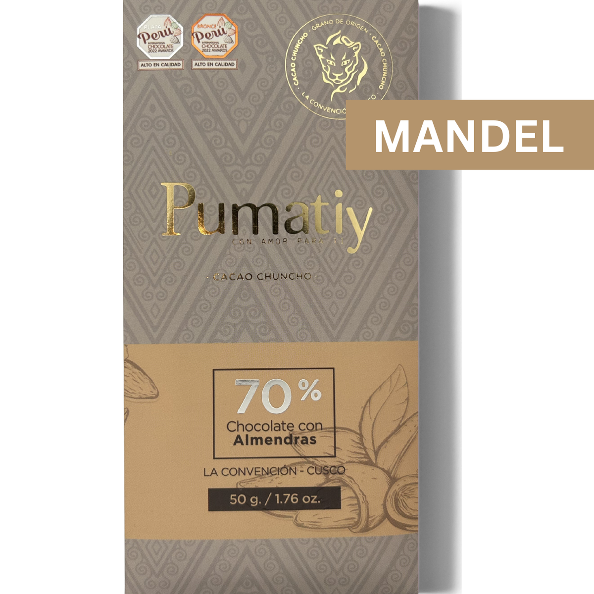 Pumatiy 70% dunkle Schokolade mit Mandeln aus Peru – Chuncho Kakao Single Origin Tree-to-Bar Tafel aus La Convención Cusco, peruanische Herkunftsschokolade 50g