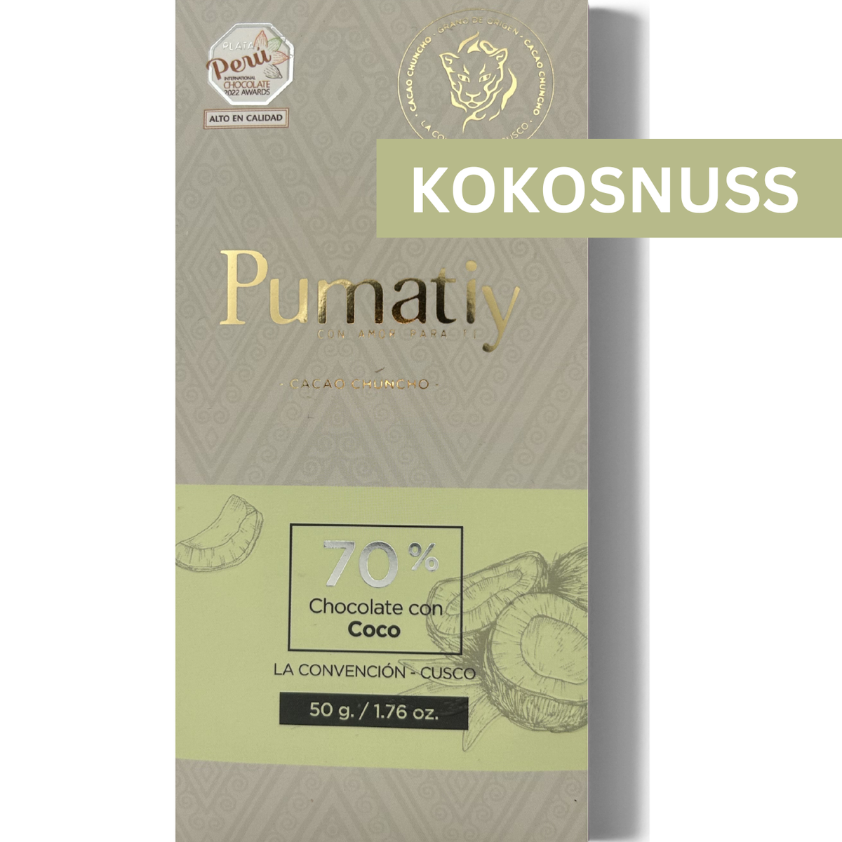 Pumatiy 70% dunkle Schokolade mit Kokosnuss aus Peru – Chuncho Kakao Single Origin Tree-to-Bar Tafel aus La Convención Cusco, peruanische Herkunftsschokolade 50g
