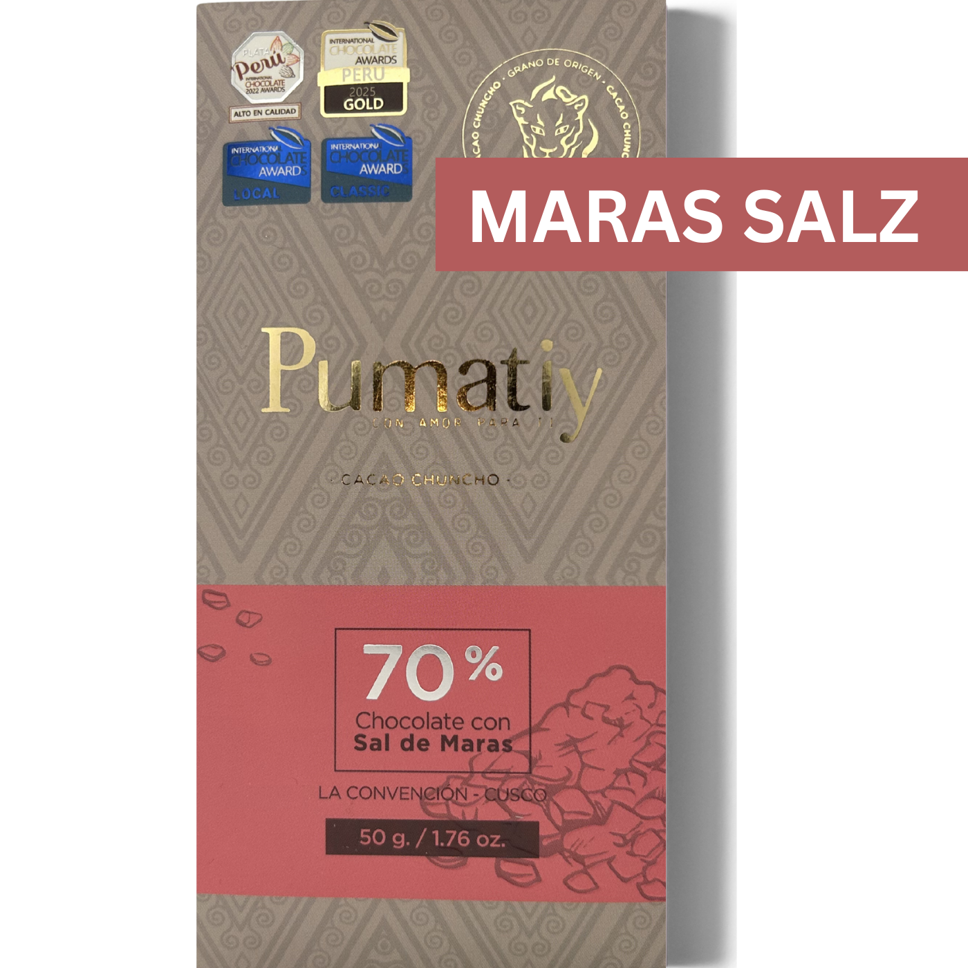 Pumatiy 70% dunkle Schokolade mit Maras Salz aus Peru – Chuncho Kakao Single Origin Tree-to-Bar Tafel aus La Convención Cusco, peruanische Herkunftsschokolade 50g
