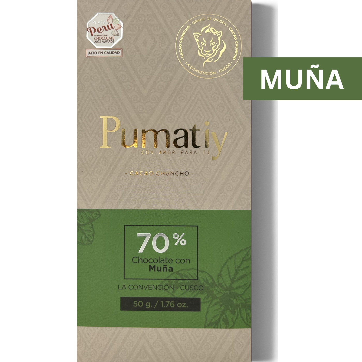Pumatiy 70% dunkle Schokolade mit Muña aus Peru – Chuncho Kakao Single Origin Tree-to-Bar Tafel aus La Convención Cusco, peruanische Herkunftsschokolade 50g