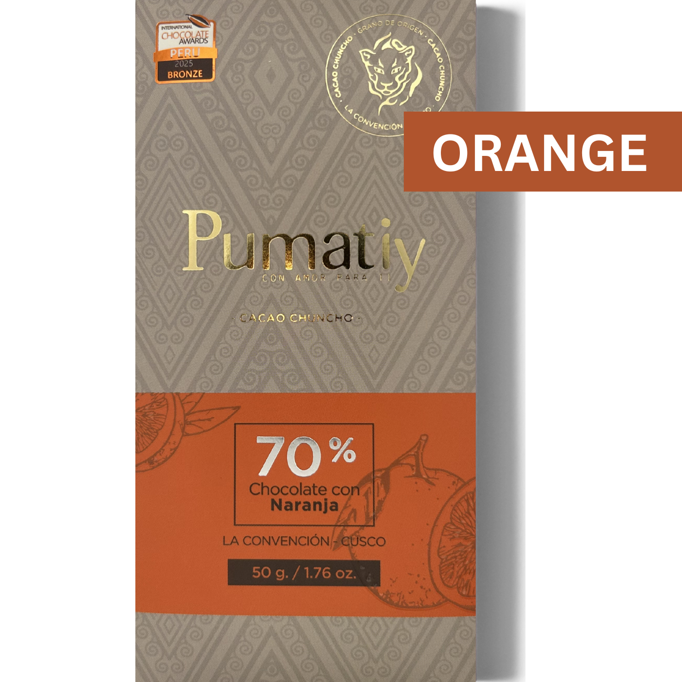 Pumatiy 70% dunkle Schokolade mit Orange aus Peru – Chuncho Kakao Single Origin Tree-to-Bar Tafel aus La Convención Cusco, peruanische Herkunftsschokolade 50g