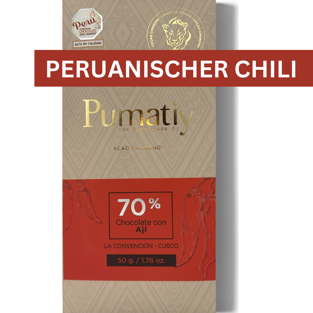 Pumatiy 70% dunkle Schokolade mit peruanischem Chili (Ají) aus Peru – Chuncho Kakao Single Origin Tree-to-Bar Tafel aus La Convención Cusco, peruanische Herkunftsschokolade 50g