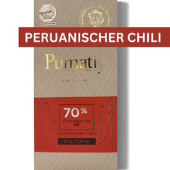 Pumatiy 70% dunkle Schokolade mit peruanischem Chili (Ají) aus Peru – Chuncho Kakao Single Origin Tree-to-Bar Tafel aus La Convención Cusco, peruanische Herkunftsschokolade 50g