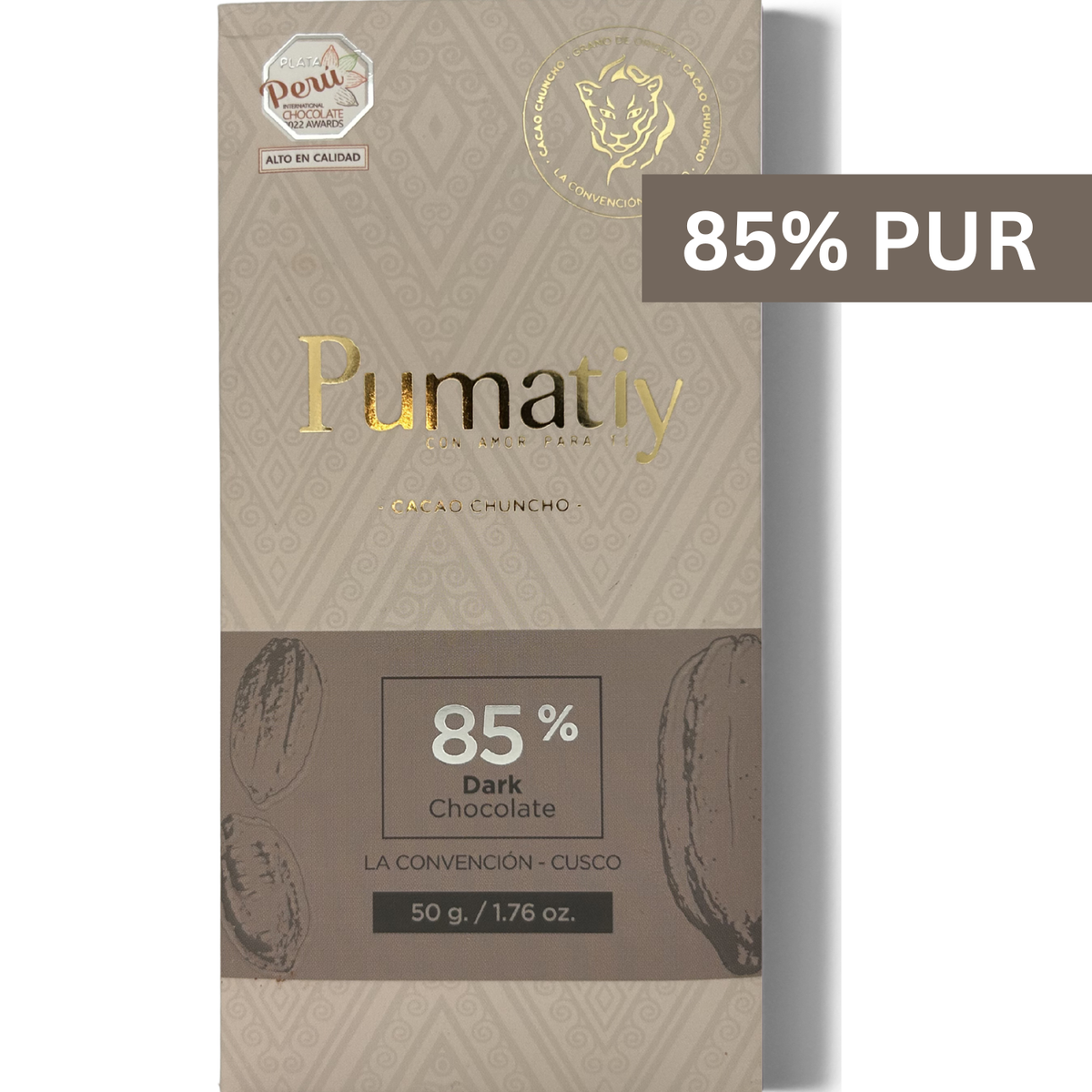 Pumatiy 85% dunkle Schokolade Peru – Chuncho Kakao Single Origin Tree-to-Bar Tafel aus La Convención Cusco, peruanische Herkunftsschokolade 50g