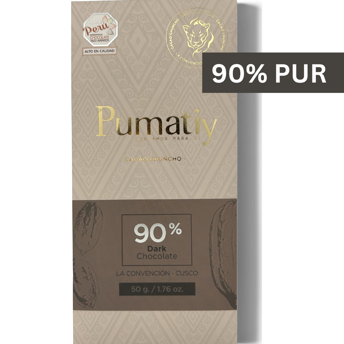 Pumatiy 90% dunkle Schokolade Peru – Chuncho Kakao Single Origin Tree-to-Bar Tafel aus La Convención Cusco, peruanische Herkunftsschokolade 50g